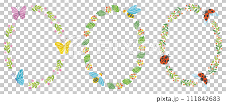 春　昆虫　チョウチョ　ハチ　テントウムシ　丸フレームセット　縦長 111842683