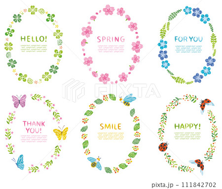 春の植物の花や昆虫の丸フレームセット　縦長 111842702