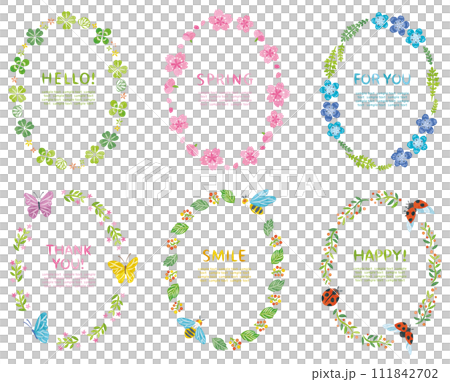 春の植物の花や昆虫の丸フレームセット　縦長 111842702