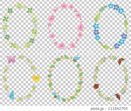 春の植物の花や昆虫の丸フレームセット 縦長 春の植物の花や昆虫の丸フレームセット 縦長 111842703
