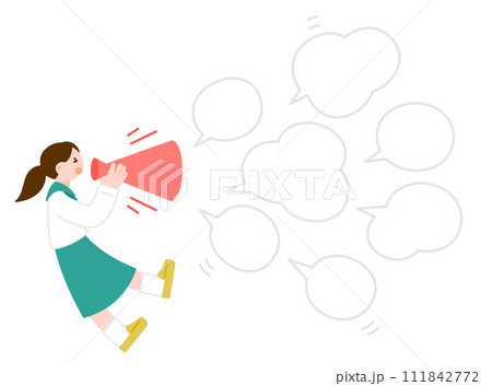 メガホンを持って意見を主張する女子学生のイラスト素材 111842772