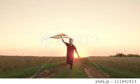 child kid baby boy runs across field with rainbow kite hands sunset, children's dream flying, airplane pilot, happy boy playing with flying kite park sunset, feeling freedom vacation, flying kite 111842813