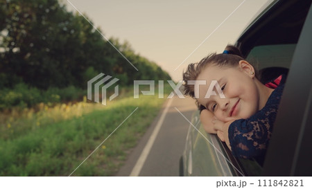 little girl, smile your face, stuck her head out, car windows, happy face, rays sun, happy moment, child leaned his elbows, car window, smile says, face reflects, pure joy, epitomy, carefree childish 111842821