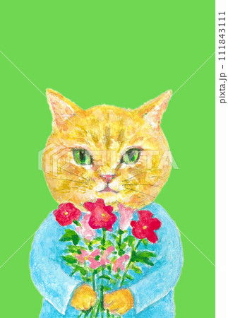 お歳暮 時期 背景緑の花束を持つ茶トラ猫のイラスト素材 [111843111] - PIXTA 版画