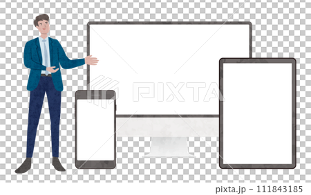 一名男性商人介紹他的智慧型手機或電腦螢幕的插圖,一名男子進行演示 一名男性商人介紹他的智慧型手機或電腦螢幕的插圖,一名男子進行演示 111843185