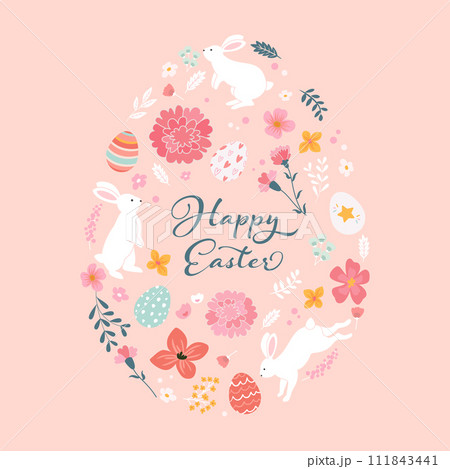 花とウサギのデザインのイースターのベクターイラスト背景 111843441
