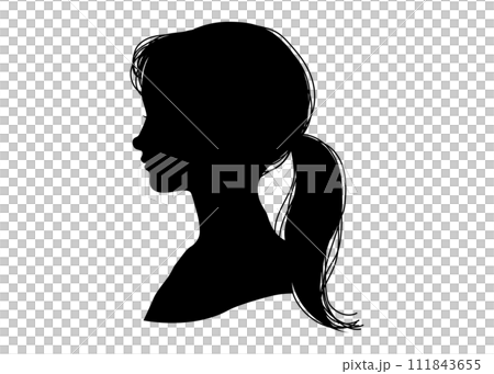 束ねた髪の日本人女性の横顔シルエット  上半身顔アップ バストアップのイラスト 111843655