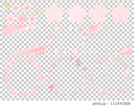 一套櫻花和數位幾何裝飾和框架 111843806