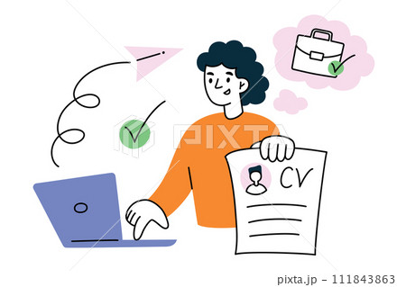 Employee sending cv, woman applying for job, flat composition with laptop, doodle icons of sending mail, human resources vector illustration, showing resume with work experience, hr concept Employee sending cv, woman applying for job, flat composition with laptop, doodle icons of sending mail, human resources vector illustration, showing resume with work experience, hr concept 111843863