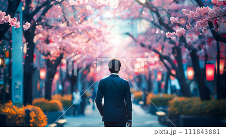 桜並木を歩く男性 111843881