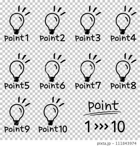 Handwritten cute light bulb point icon 1 to 10 line drawing 111843974