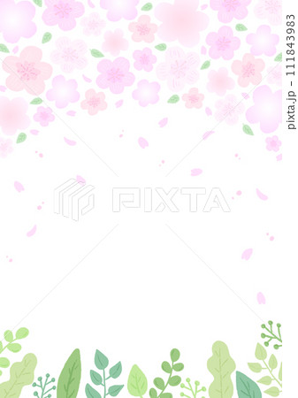 春をイメージした華やかなさくらとグリーンの背景、かわいい手描きイラスト 111843983