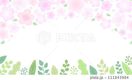 春をイメージした華やかなさくらとグリーンの背景、かわいい手描きイラスト 111843984
