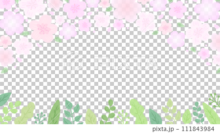 春をイメージした華やかなさくらとグリーンの背景、かわいい手描きイラスト 111843984