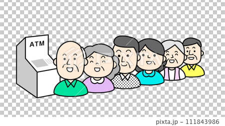 シンプルな人物イラスト　年金支給日にATMに並ぶシニア 111843986