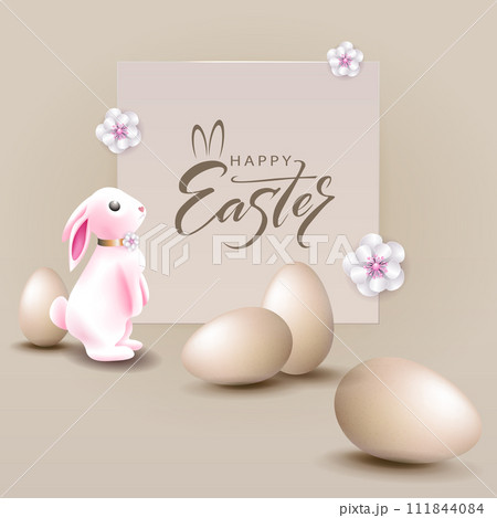 Beige composition with bunny, Easter eggs and square frame Beige composition with bunny, Easter eggs and square frame 111844084