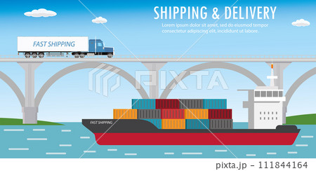 Aircraft,long truck on bridge and container ship,delivery and shipping concept banner, 111844164