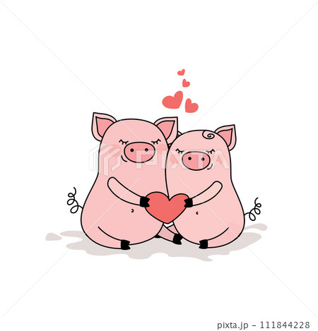 Couple of pigs in love,two cute animals with heart,isolated on w Couple of pigs in love,two cute animals with heart,isolated on w 111844228