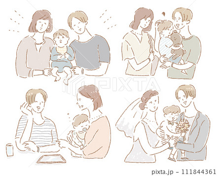 二人の女性、レズビアンカップルの結婚式、子供との生活 111844361