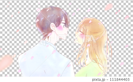 男人和女人面對面微笑,分手,櫻花吹雪 男人和女人面對面微笑,分手,櫻花吹雪 111844403