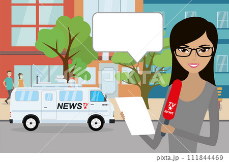 Female reporter with microphone and bubble speech,news truck 111844469
