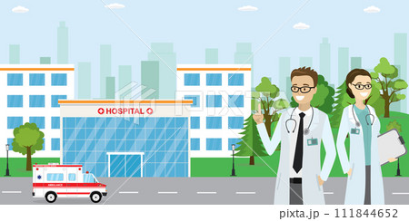 Modern Hospital building,ambulance car,couple of male and female doctors Modern Hospital building,ambulance car,couple of male and female doctors 111844652