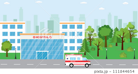 Hospital building,ambulance car and park near,silhouette of city buildings Hospital building,ambulance car and park near,silhouette of city buildings 111844654