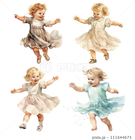 AI-generated content. watercolor vintage style illustrations set, cute little girl dancing, child, doll, clip art isolated on white background 111844673