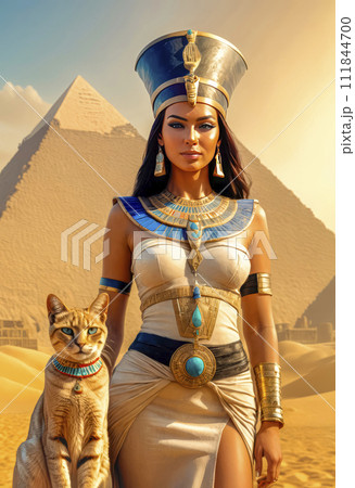 Beautiful Egyptian queen against the background of the pyramid. 111844700