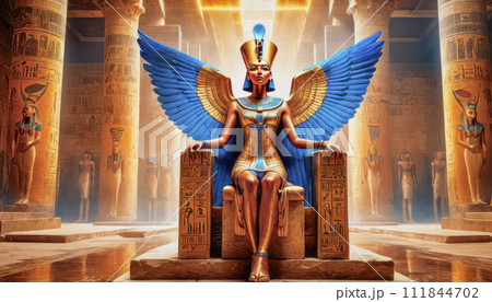 The beautiful Egyptian goddess-pharaoh Hatshepsut sits on a golden throne in the Dendera temple 111844702