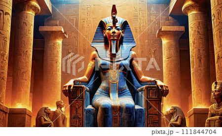 The beautiful Egyptian goddess-pharaoh Hatshepsut sits on a golden throne in the Dendera temple The beautiful Egyptian goddess-pharaoh Hatshepsut sits on a golden throne in the Dendera temple 111844704