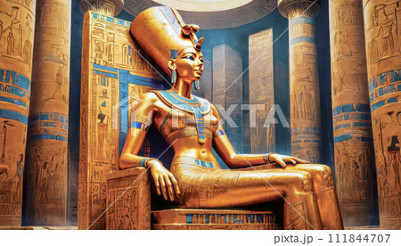 The beautiful Egyptian goddess-pharaoh Hatshepsut sits on a golden throne in the Dendera temple 111844707
