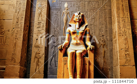 The beautiful Egyptian goddess-pharaoh Hatshepsut sits on a golden throne in the Dendera temple 111844710