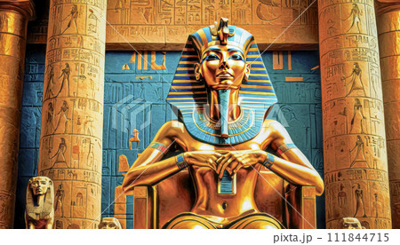The beautiful Egyptian goddess-pharaoh Hatshepsut sits on a golden throne in the Dendera temple The beautiful Egyptian goddess-pharaoh Hatshepsut sits on a golden throne in the Dendera temple 111844715