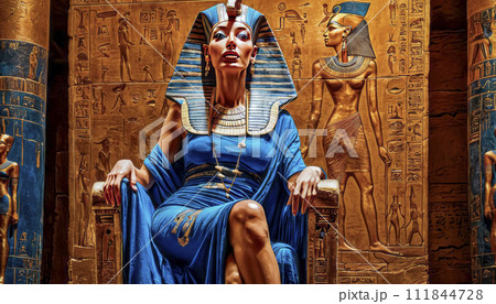 The beautiful Egyptian goddess-pharaoh Hatshepsut sits on a golden throne in the Dendera temple The beautiful Egyptian goddess-pharaoh Hatshepsut sits on a golden throne in the Dendera temple 111844728