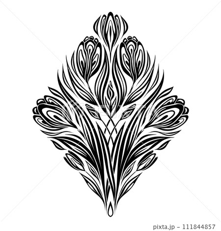 Vector monochrome illustration of crocuses and foliages. Decorative lace clipart of ornate spring flowers isolated from background. 111844857