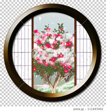 Landscape with snow-covered sasanqua flowers seen from the round window Landscape with snow-covered sasanqua flowers seen from the round window 111845002