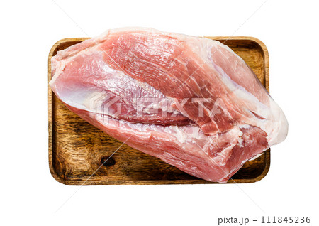 fresh pork cuts. Raw meat with spices. shoulder butt part. Isolated on white background. Top view. 111845236