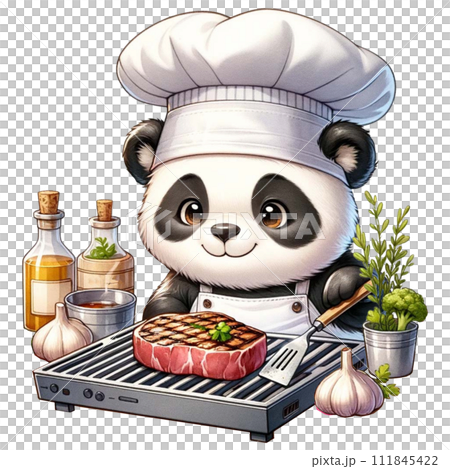 cute panda chef cooking a beef steak watercolor Clipart AI Generate 111845422