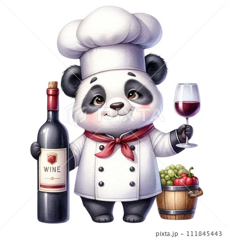 Cute Panda Chef  holding a wine bottle and glass watercolor Clipart AI Generate 111845443