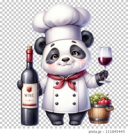 Cute Panda Chef  holding a wine bottle and glass watercolor Clipart AI Generate 111845443