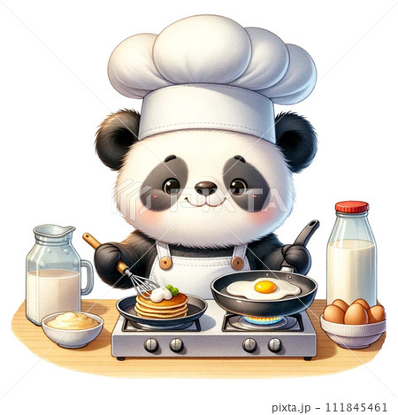 Panda Chef cooking breakfast, with pancake and egg watercolor Clipart AI Generate 111845461