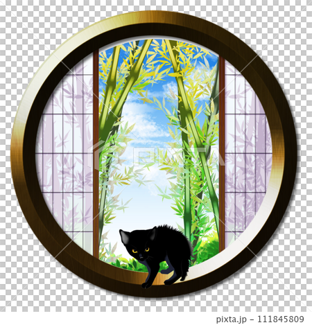 從圓窗可見竹林與小貓 從圓窗可見竹林與小貓 111845809