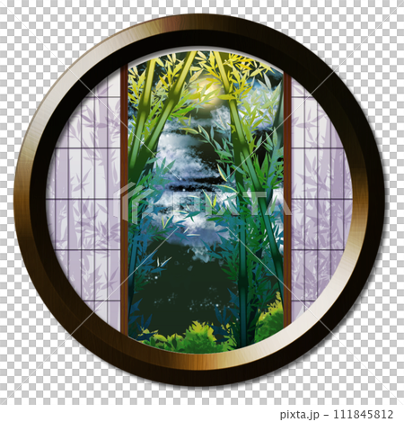 從圓窗看到的竹林被月光照亮的風景 111845812
