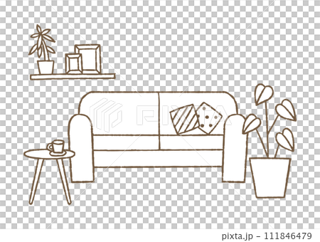 Landscape with sofa, table and houseplant_color 111846479