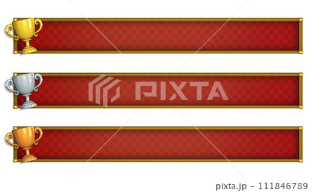 金・銀・銅3種のトロフィーがついた赤ベースのテロップベース・3Dモデル 111846789