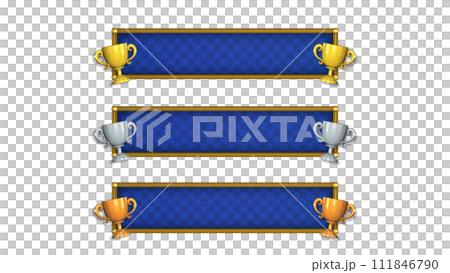 Blue-based caption base with 3 types of gold, silver, and bronze trophies, short, 3D model 111846790
