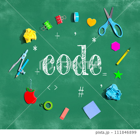 Learn to Code theme with school supplies on a chalkboard 111846899