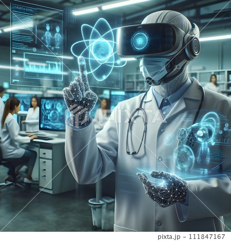 Side view of young female scientist in white lab coat and stethoscope working with futuristic hologram. Double exposure, Medical research and development concept. Generative Ai 111847167