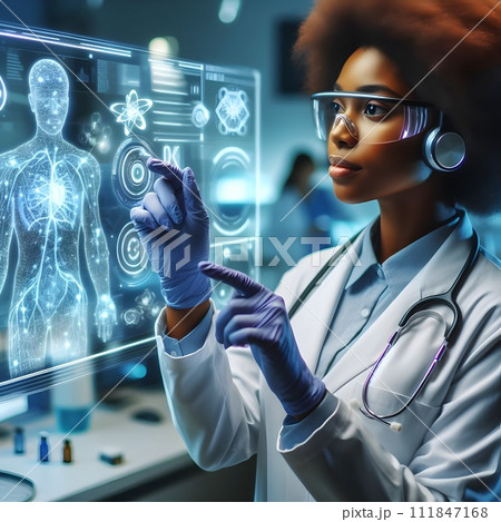 Side view of young female scientist in white lab coat and stethoscope working with futuristic hologram. Double exposure, Medical research and development concept. Generative Ai 111847168